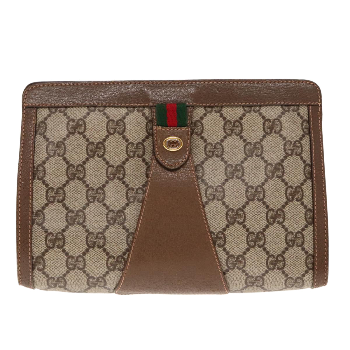 GUCCI GG Supreme Web Sherry Line Clutch Bag PVC Beige Red 89 01 032 Auth 95057