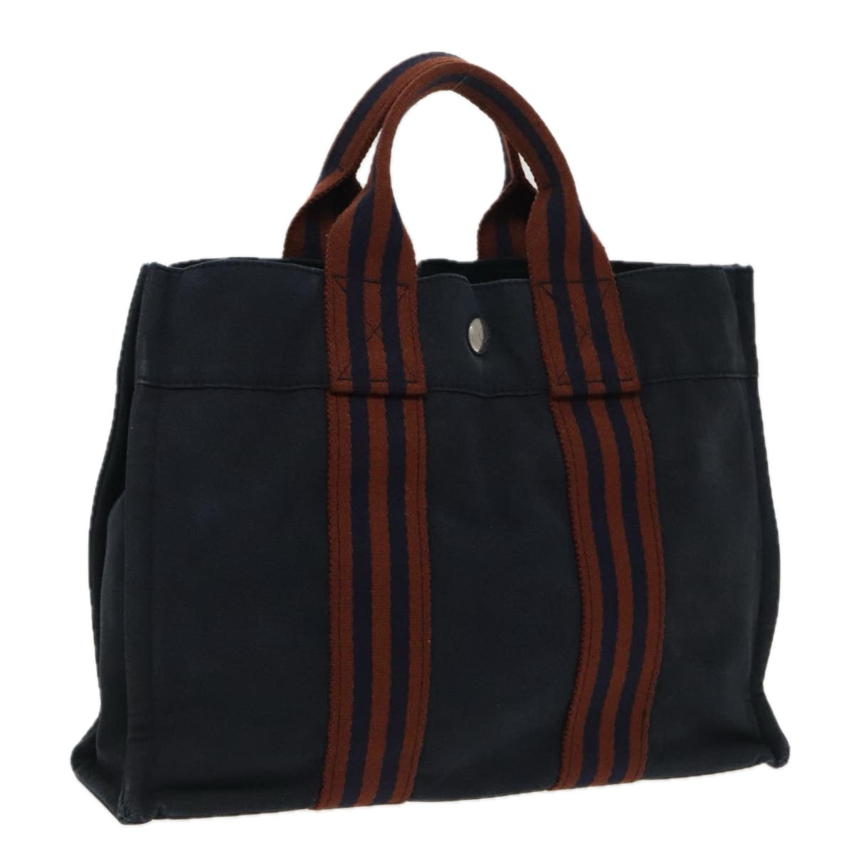 HERMES Fourre Tout PM Tote Bag Canvas Navy Brown Silver Auth 95161