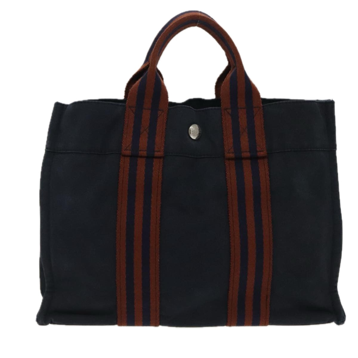 HERMES Fourre Tout PM Tote Bag Canvas Navy Brown Silver Auth 95161 - 0