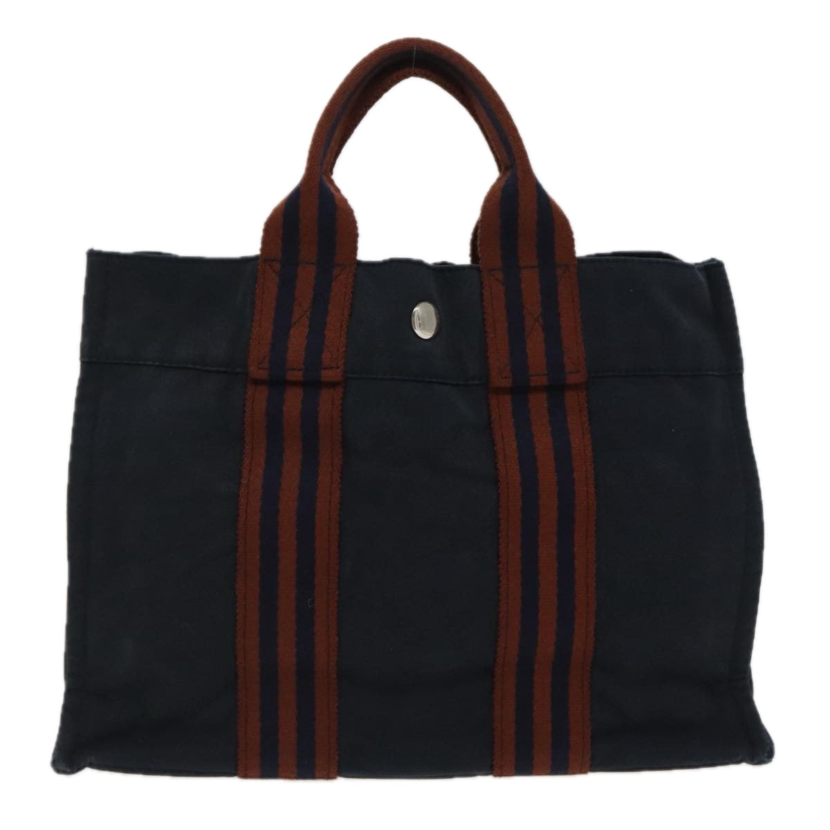 HERMES Fourre Tout PM Tote Bag Canvas Navy Brown Silver Auth 95161