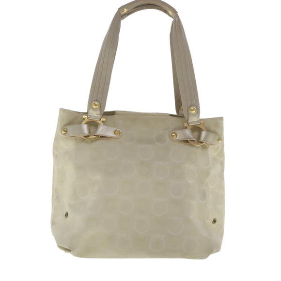 Salvatore Ferragamo Gancini Hand Bag Canvas Beige Gold Auth 95165
