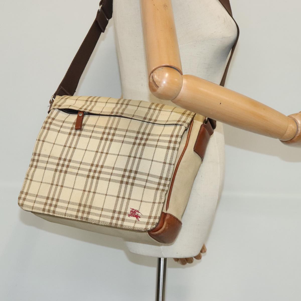 BURBERRY Blue Label Shoulder Bag Canvas Leather Beige Brown Silver Auth 95166