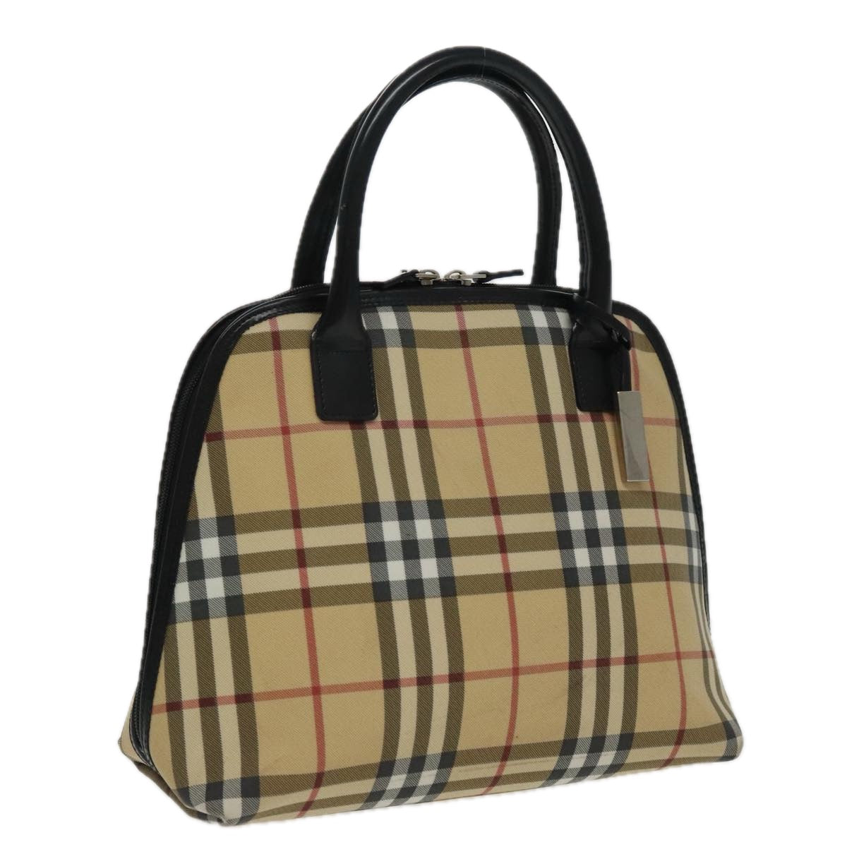 BURBERRY Nova Check Hand Bag Coated Canvas Leather Beige Black Silver Auth 95168