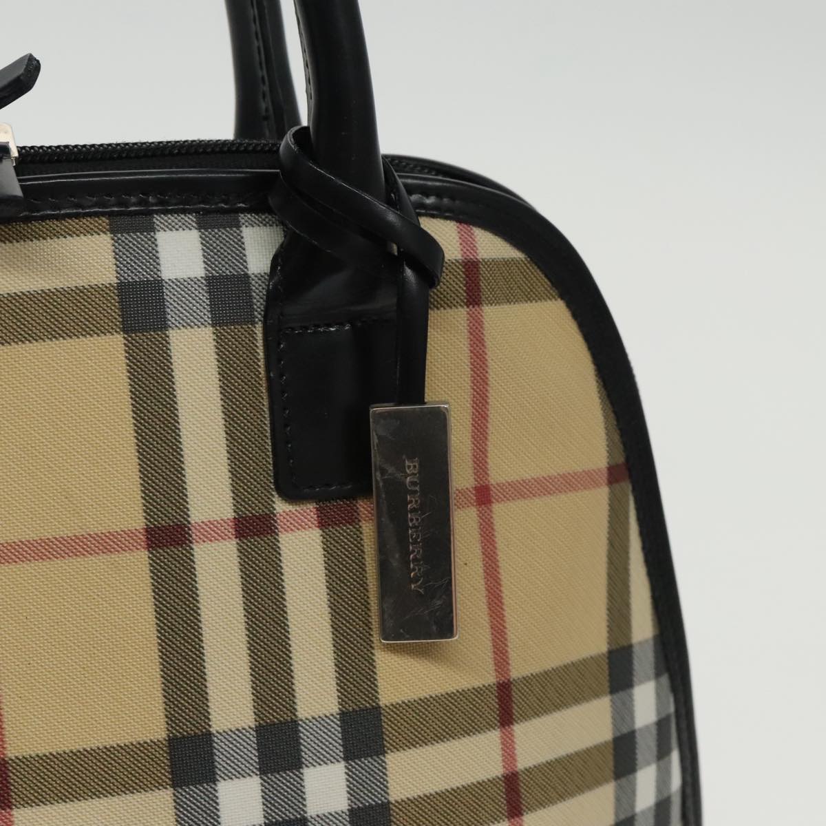 BURBERRY Nova Check Hand Bag Coated Canvas Leather Beige Black Silver Auth 95168