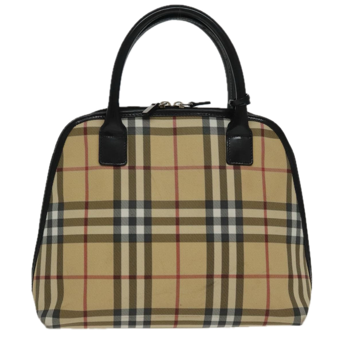 BURBERRY Nova Check Hand Bag Coated Canvas Leather Beige Black Silver Auth 95168 - 0