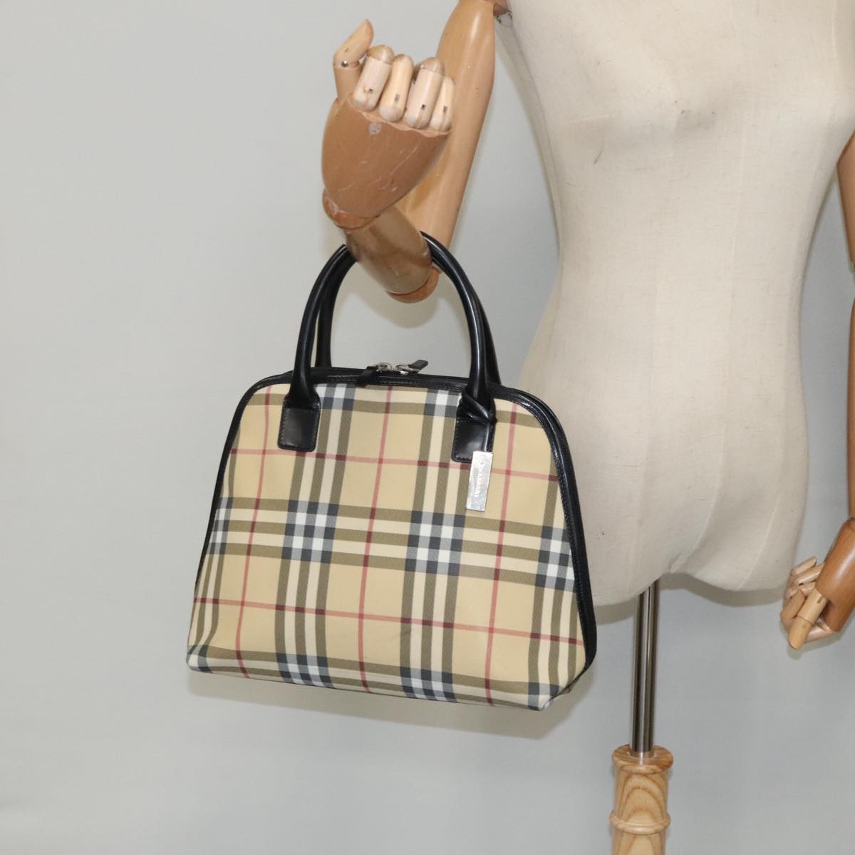 BURBERRY Nova Check Hand Bag Coated Canvas Leather Beige Black Silver Auth 95168