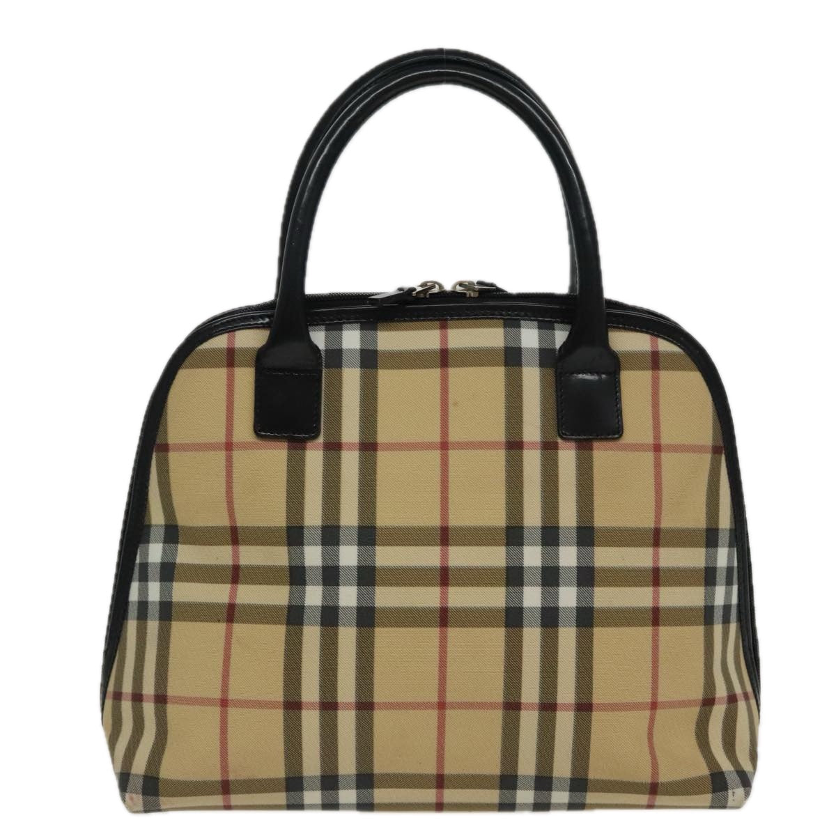 BURBERRY Nova Check Hand Bag Coated Canvas Leather Beige Black Silver Auth 95168