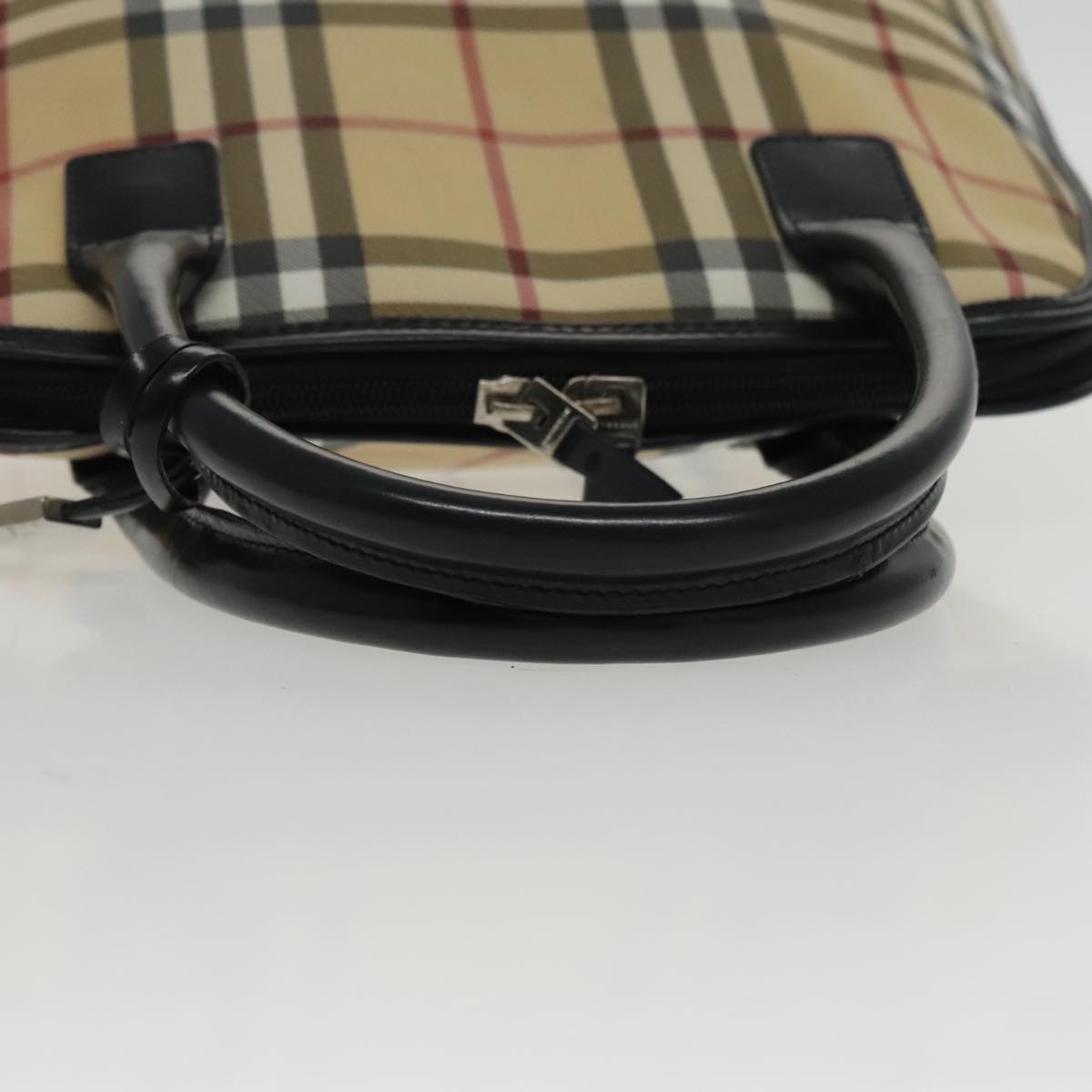 BURBERRY Nova Check Hand Bag Coated Canvas Leather Beige Black Silver Auth 95168