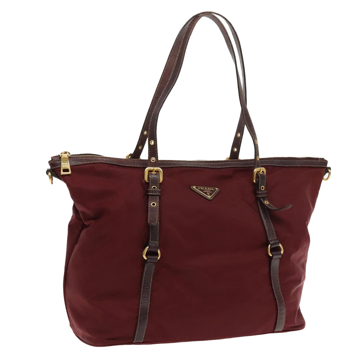 PRADA Tote Bag Nylon Wine Red Gold Auth 95313