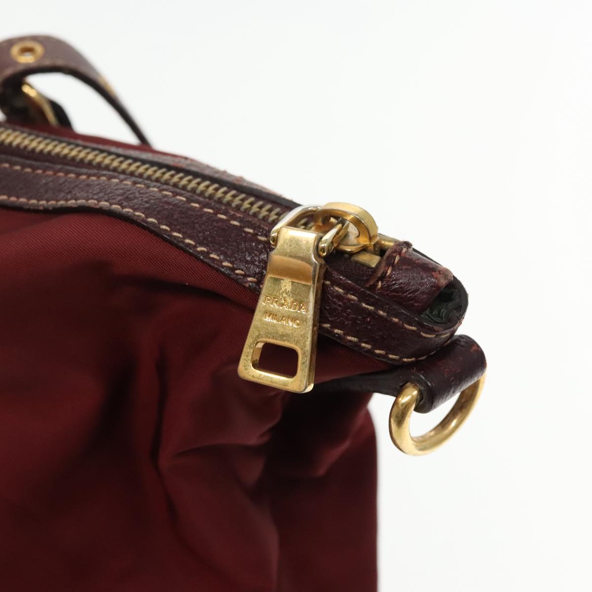 PRADA Tote Bag Nylon Wine Red Gold Auth 95313