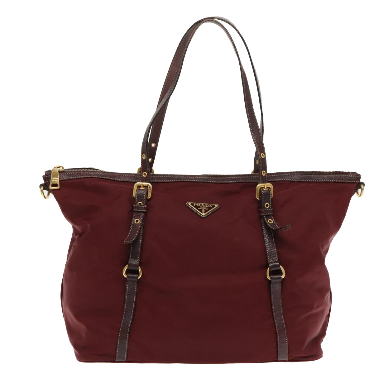 PRADA Tote Bag Nylon Wine Red Gold Auth 95313