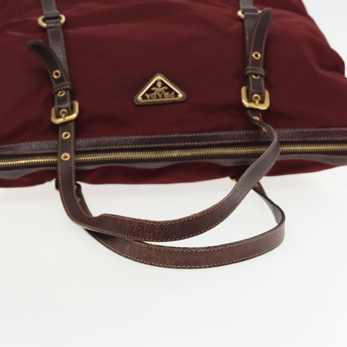 PRADA Tote Bag Nylon Wine Red Gold Auth 95313