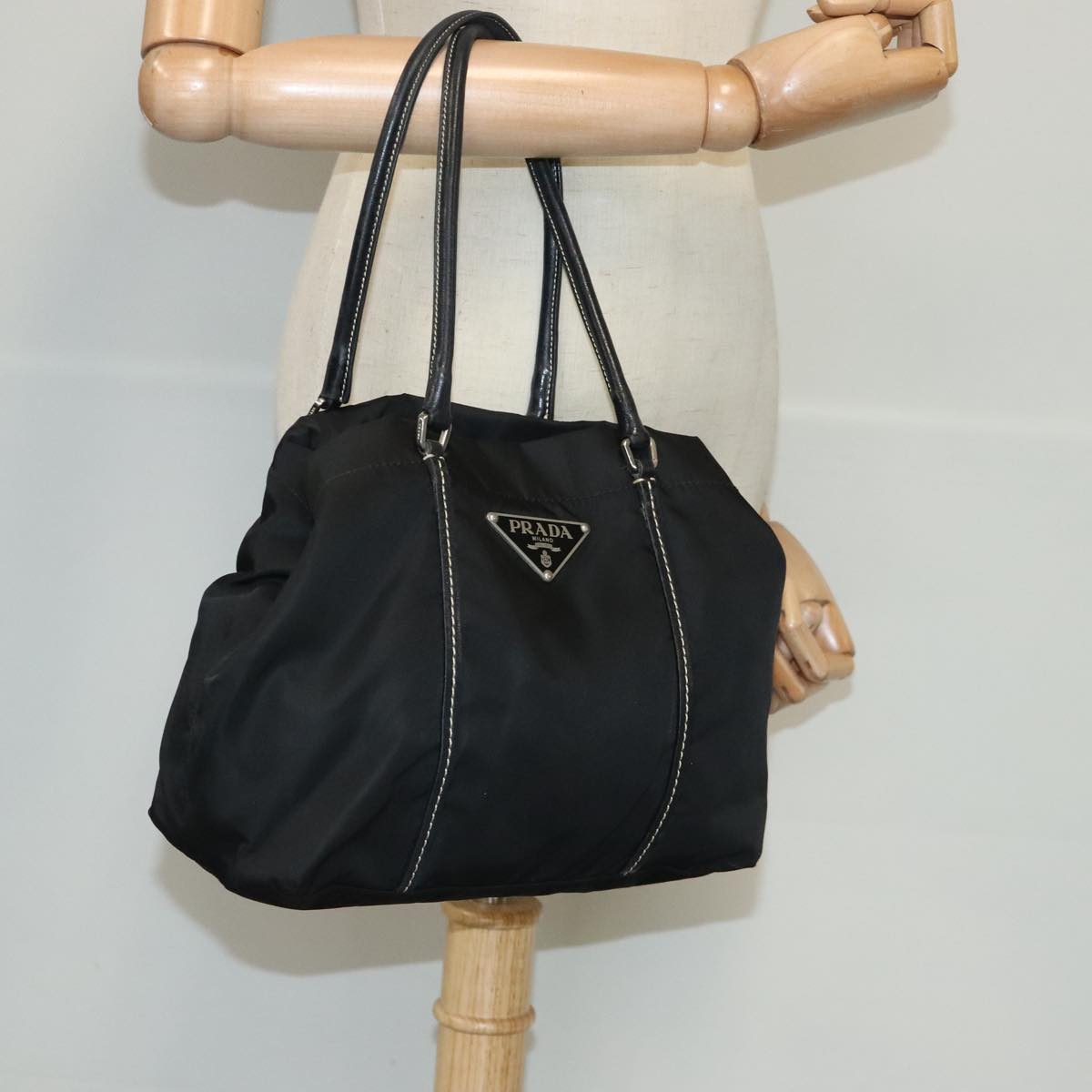 PRADA Hand Bag Nylon Black Silver Auth 95316