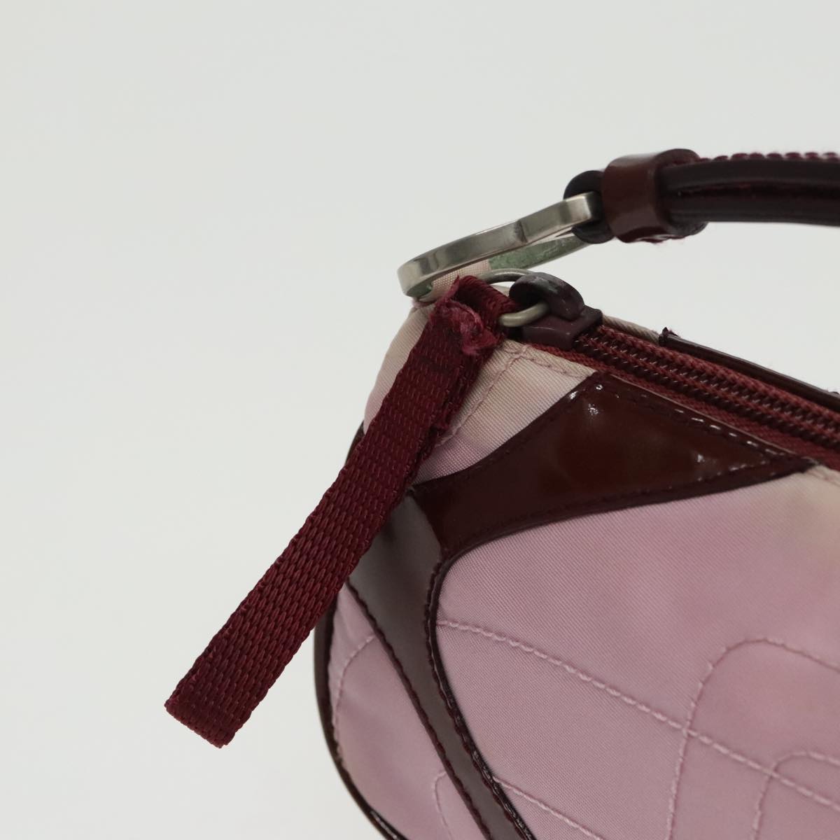 PRADA Accessory Pouch Nylon Leather Pink Wine Red Silver Auth 95323