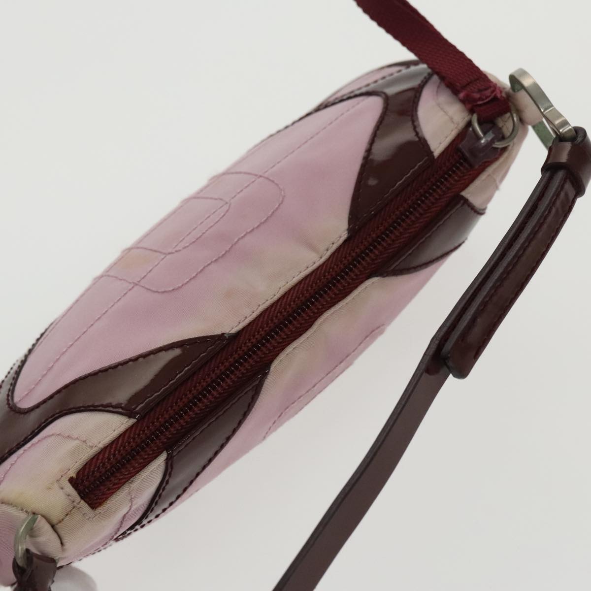 PRADA Accessory Pouch Nylon Leather Pink Wine Red Silver Auth 95323