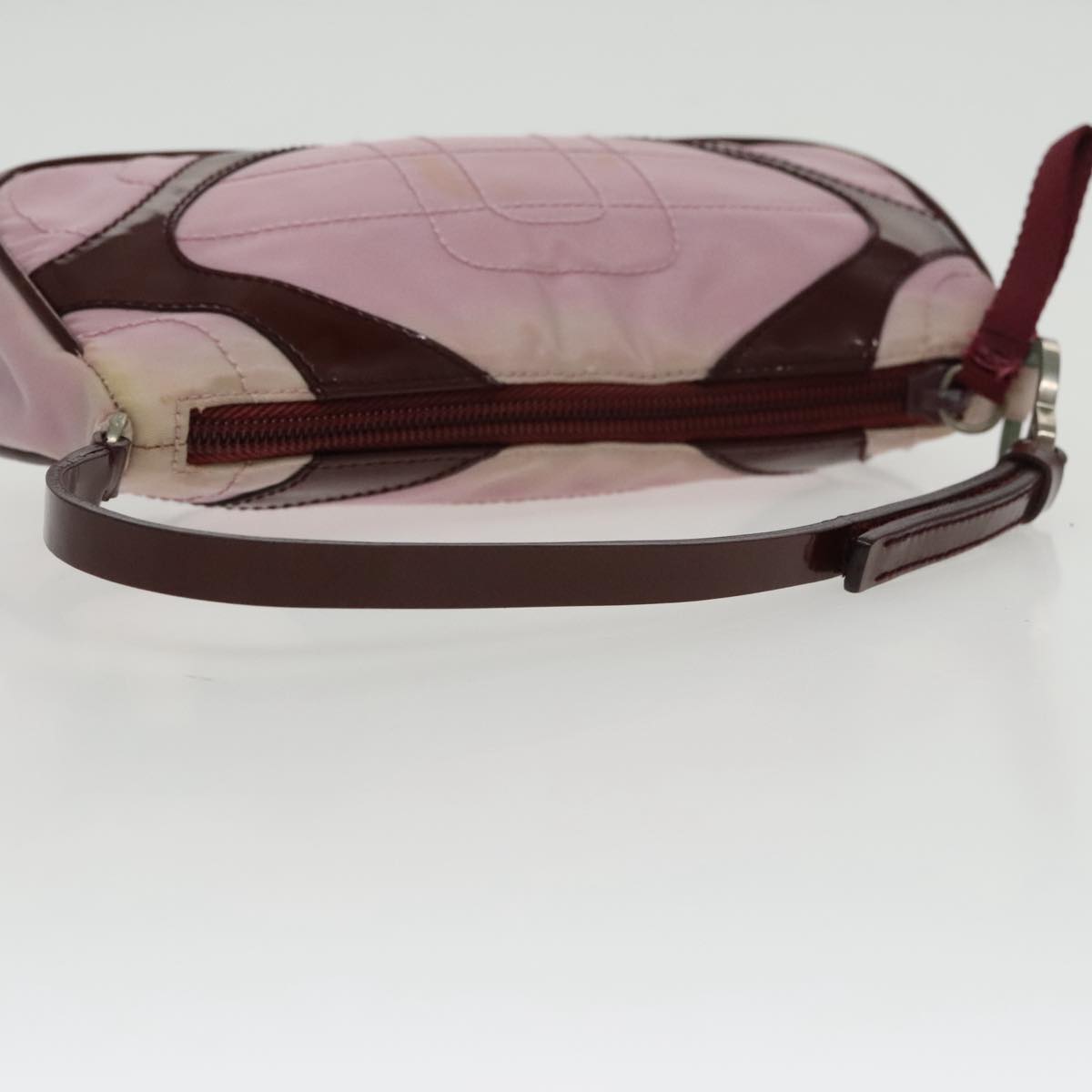 PRADA Accessory Pouch Nylon Leather Pink Wine Red Silver Auth 95323