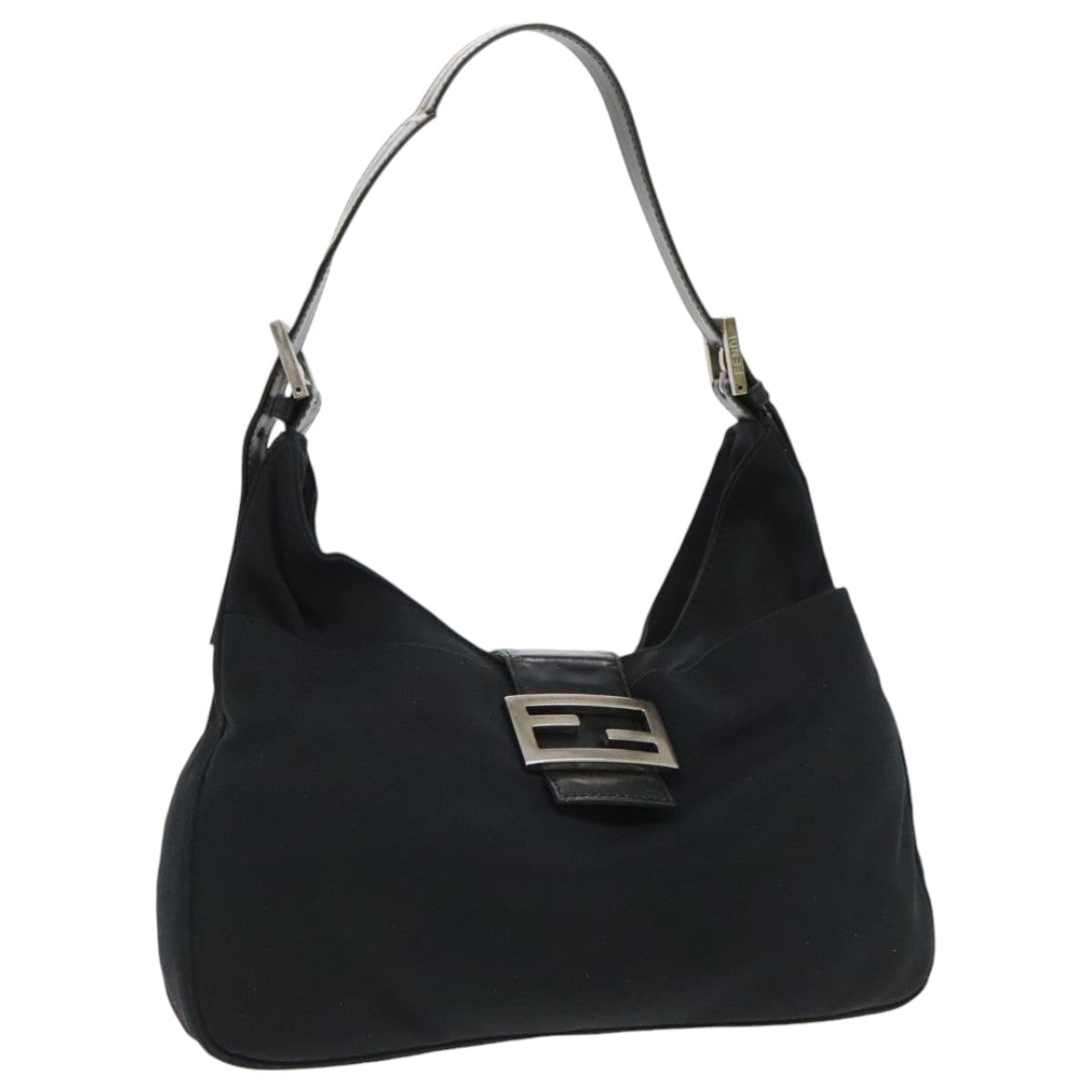 FENDI Mamma Baguette Shoulder Bag Nylon Leather Black Silver Auth 95327