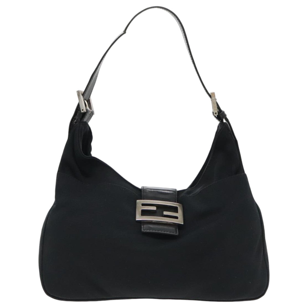 FENDI Mamma Baguette Shoulder Bag Nylon Leather Black Silver Auth 95327 - 0