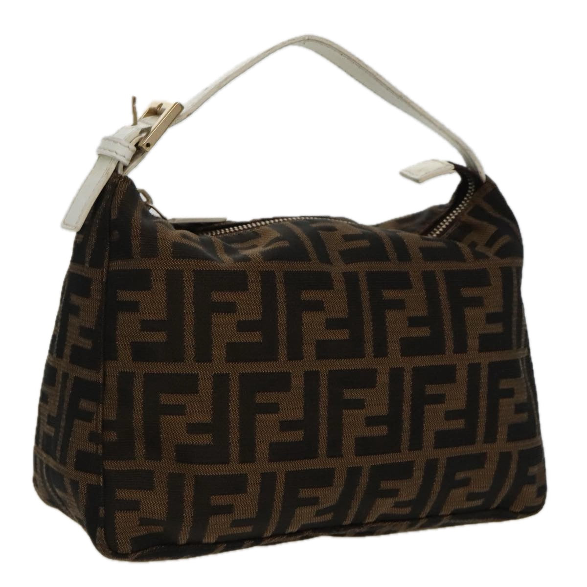 FENDI Zucca Canvas Hand Bag Brown White Gold Auth 95333