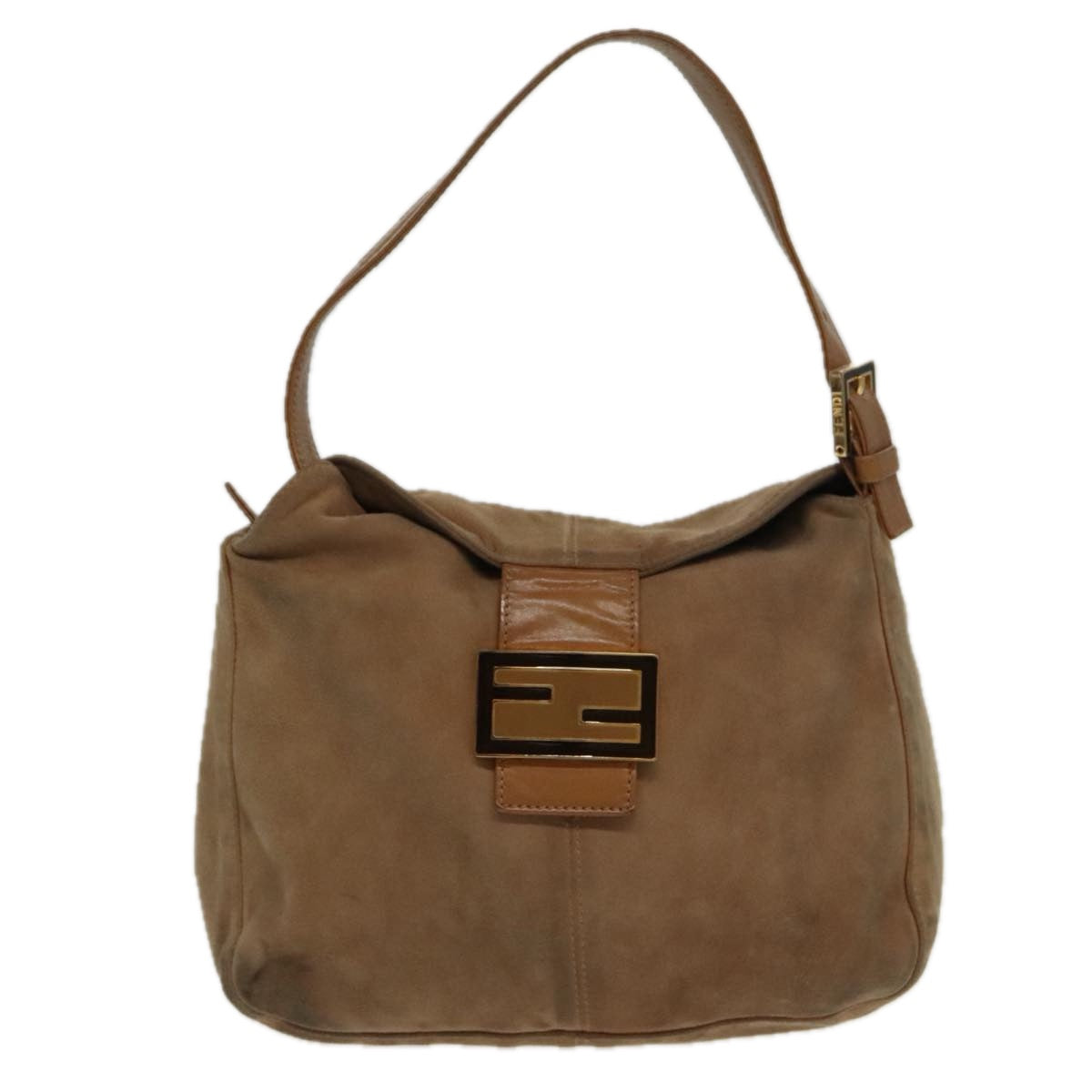 FENDI Mamma Baguette Shoulder Bag Suede Beige Gold Auth 95344