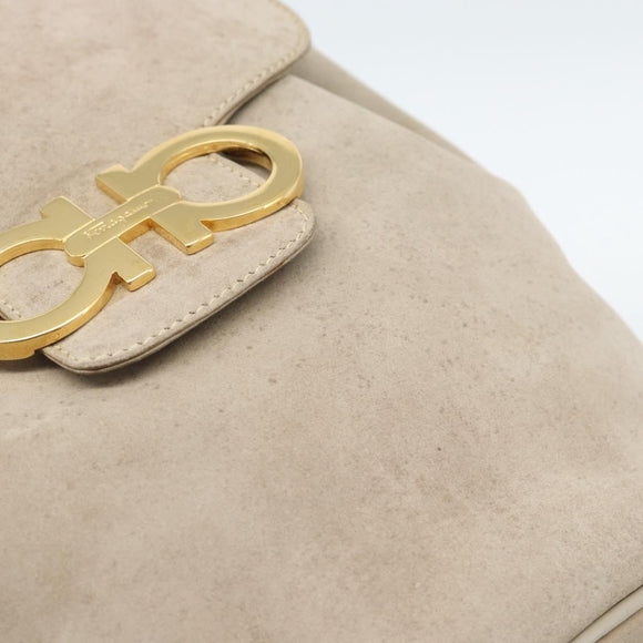Salvatore Ferragamo Gancini Hand Bag Suede Leather Beige Gold Auth 95348