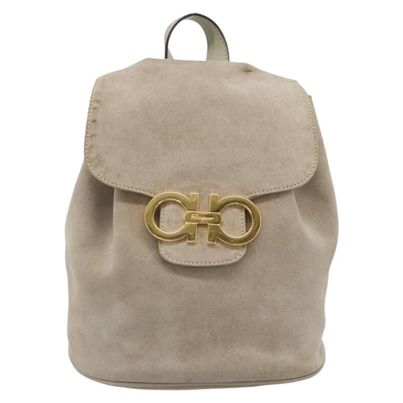 Salvatore Ferragamo Gancini Hand Bag Suede Leather Beige Gold Auth 95348