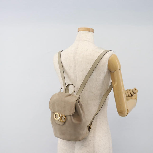 Salvatore Ferragamo Gancini Hand Bag Suede Leather Beige Gold Auth 95348