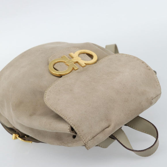 Salvatore Ferragamo Gancini Hand Bag Suede Leather Beige Gold Auth 95348