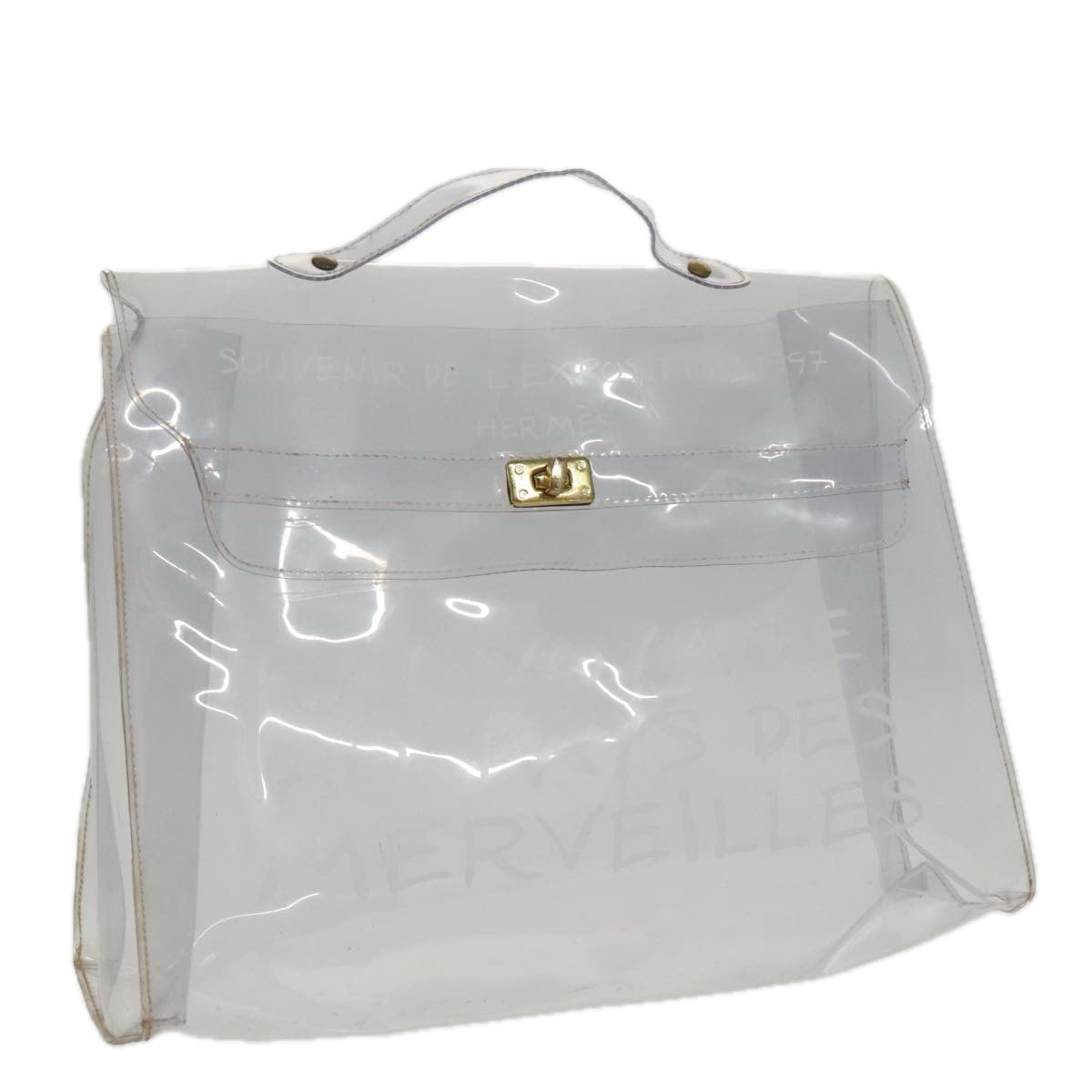 HERMES Vinyl Kelly Hand Bag Vinyl Clear Gold Auth 95353