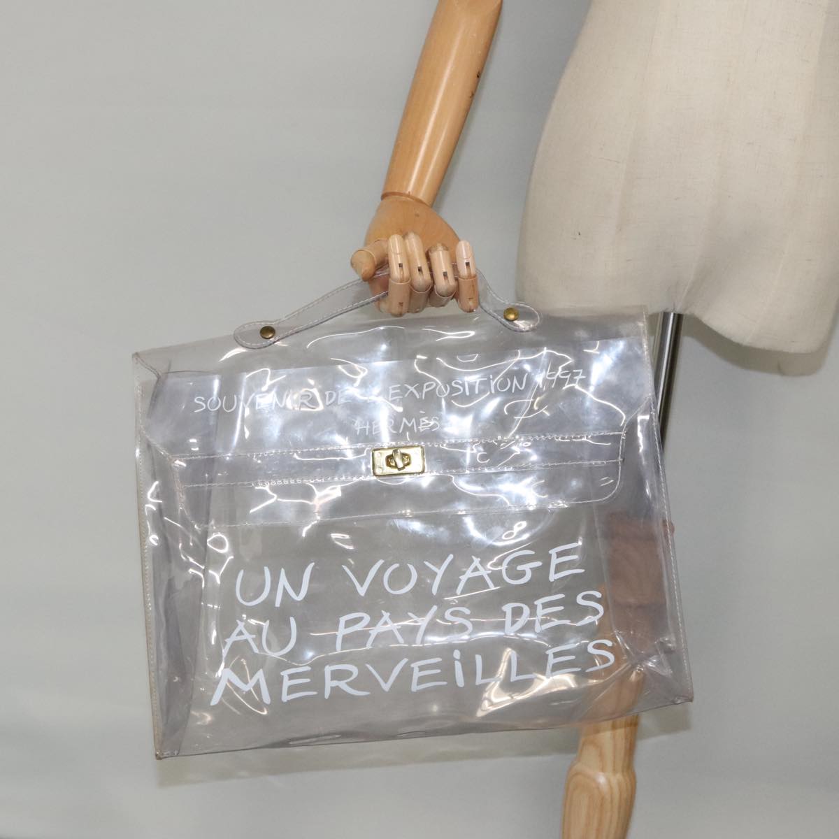 HERMES Vinyl Kelly Hand Bag Vinyl Clear Gold Auth 95353