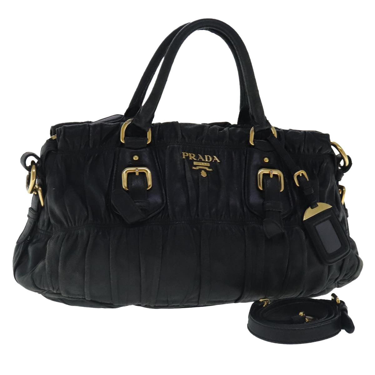 PRADA Hand Bag Leather 2way Black Gold Auth 95354