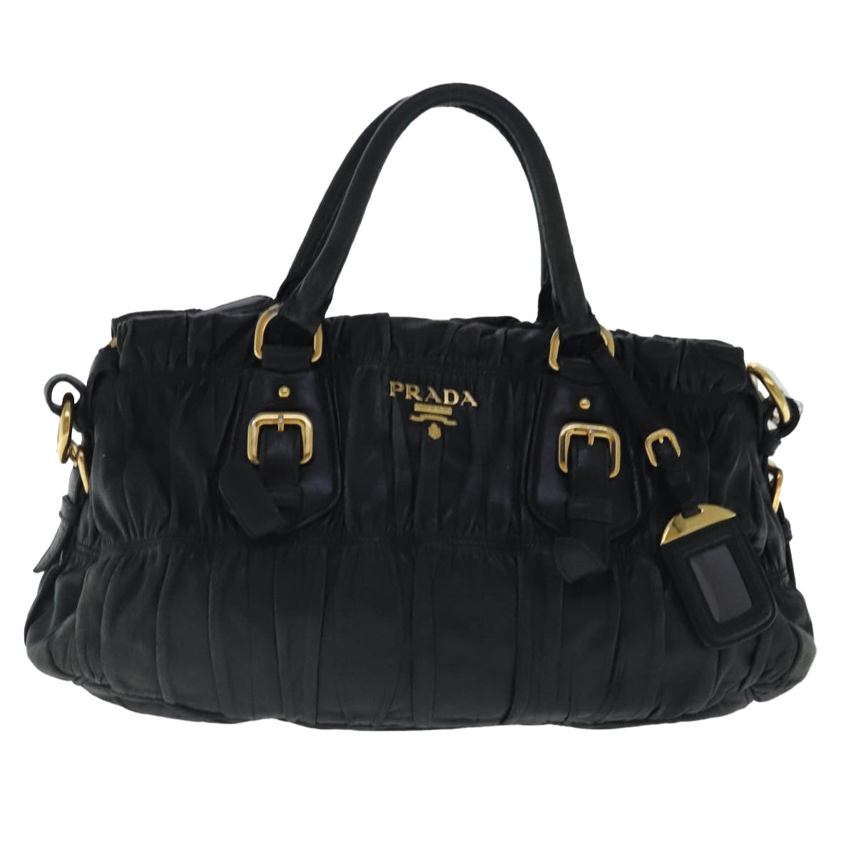 PRADA Hand Bag Leather 2way Black Gold Auth 95354