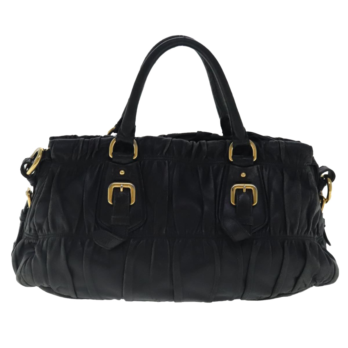 PRADA Hand Bag Leather 2way Black Gold Auth 95354 - 0