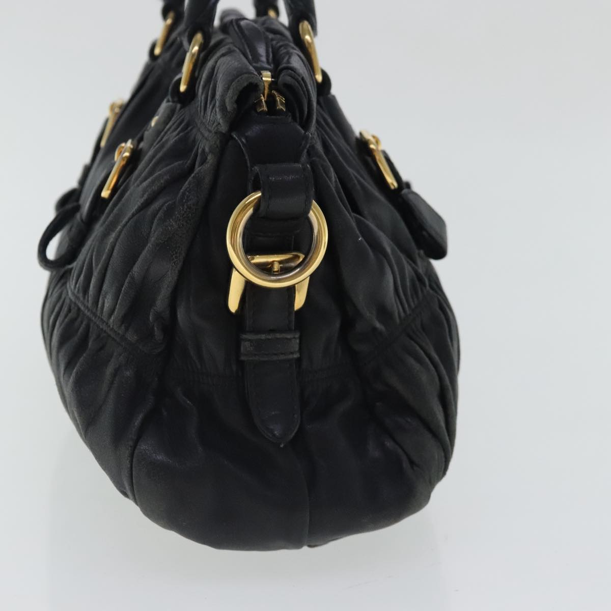 PRADA Hand Bag Leather 2way Black Gold Auth 95354