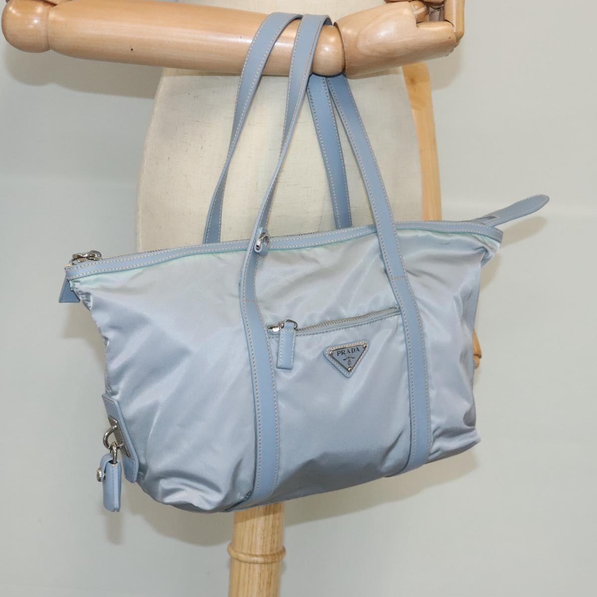 PRADA Tote Bag Nylon Light Blue Silver Auth 95359