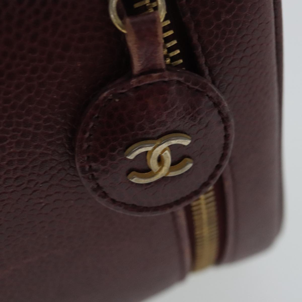 CHANEL Vanity COCO Mark Pouch Caviar Skin Wine Red Gold CC Auth 95362