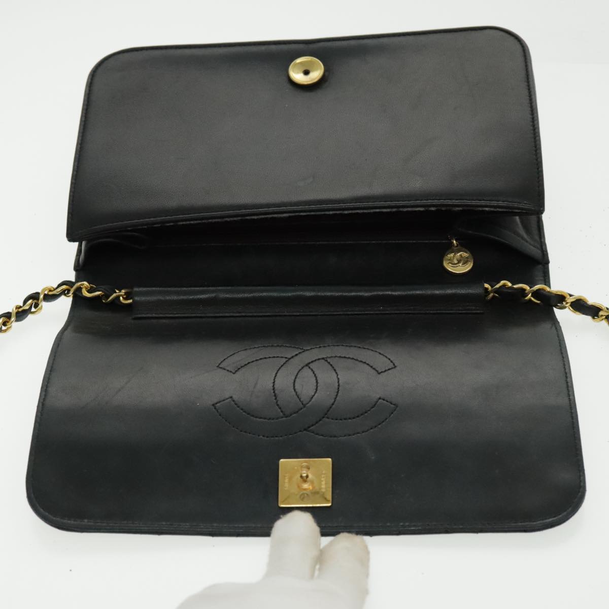 CHANEL Matelasse Chain Shoulder Bag Lamb Skin Black Gold CC Auth 95363