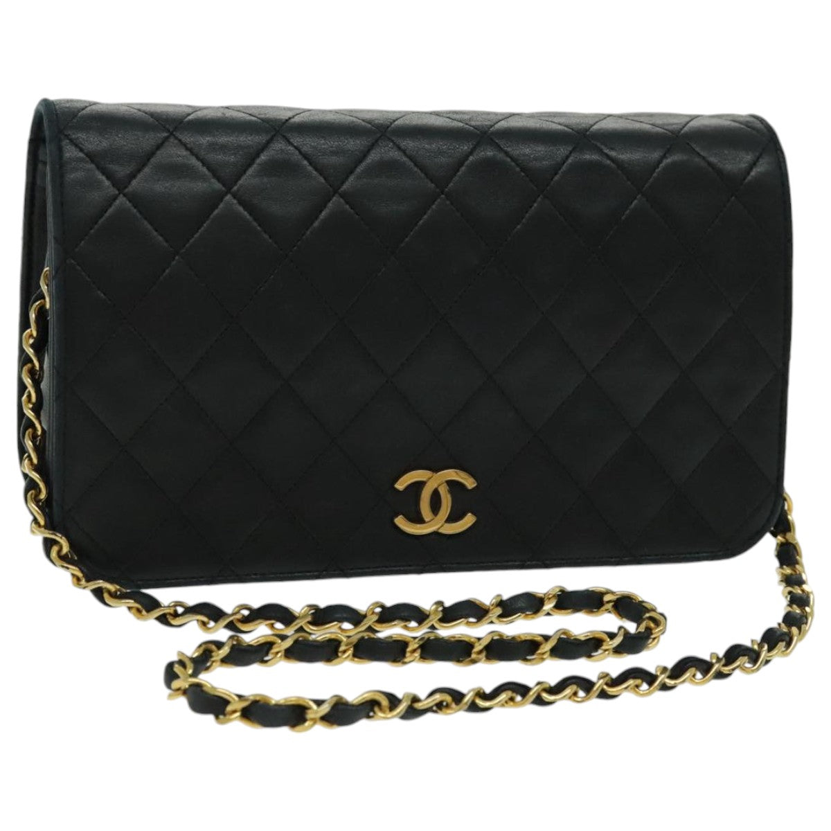 CHANEL Matelasse Chain Shoulder Bag Lamb Skin Black Gold CC Auth 95363