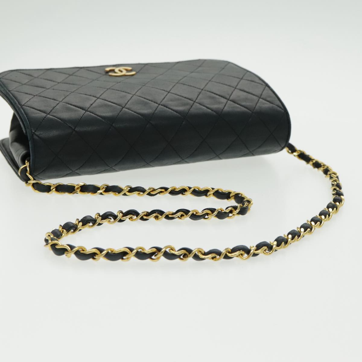 CHANEL Matelasse Chain Shoulder Bag Lamb Skin Black Gold CC Auth 95363