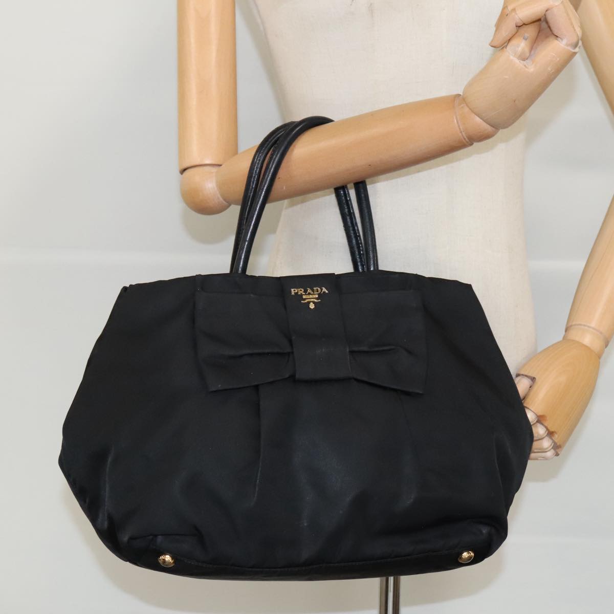 PRADA Hand Bag Nylon Black Gold Auth 95366