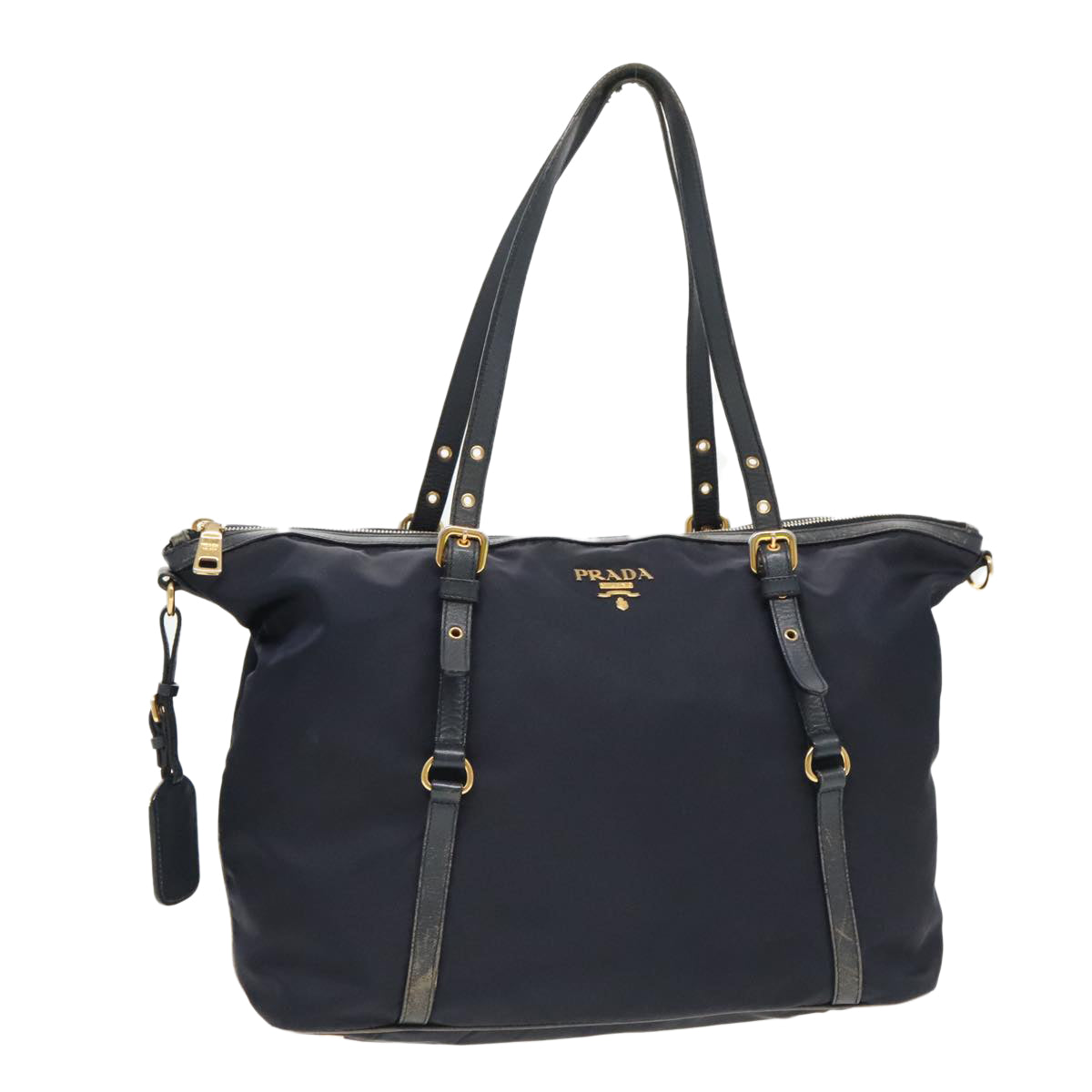 PRADA Tote Bag Nylon Navy Gold Auth 95367