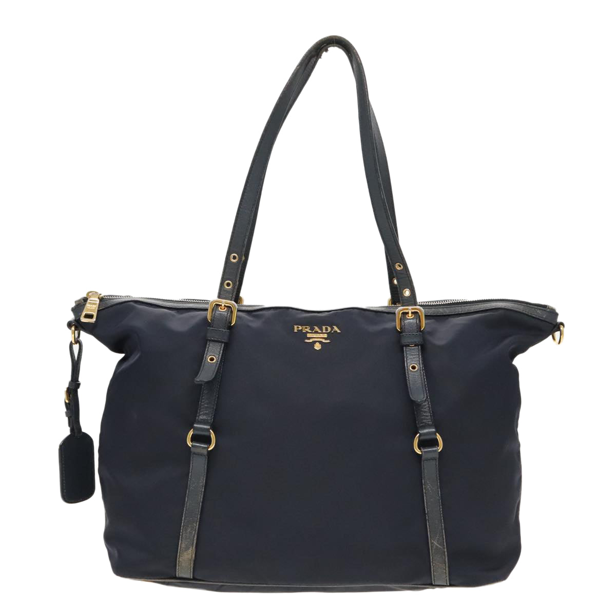 PRADA Tote Bag Nylon Navy Gold Auth 95367