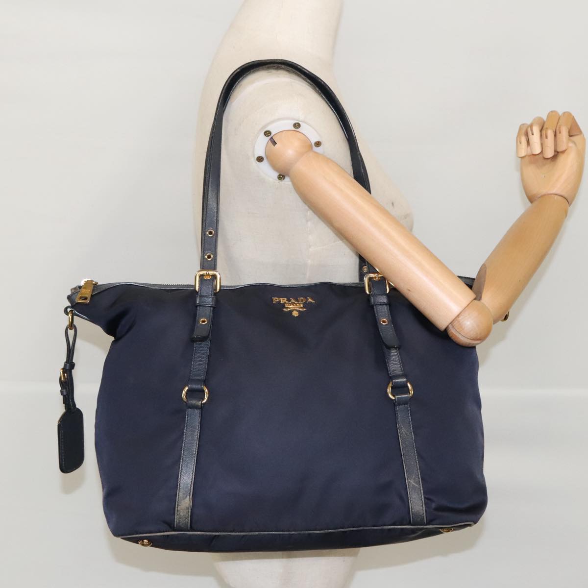 PRADA Tote Bag Nylon Navy Gold Auth 95367