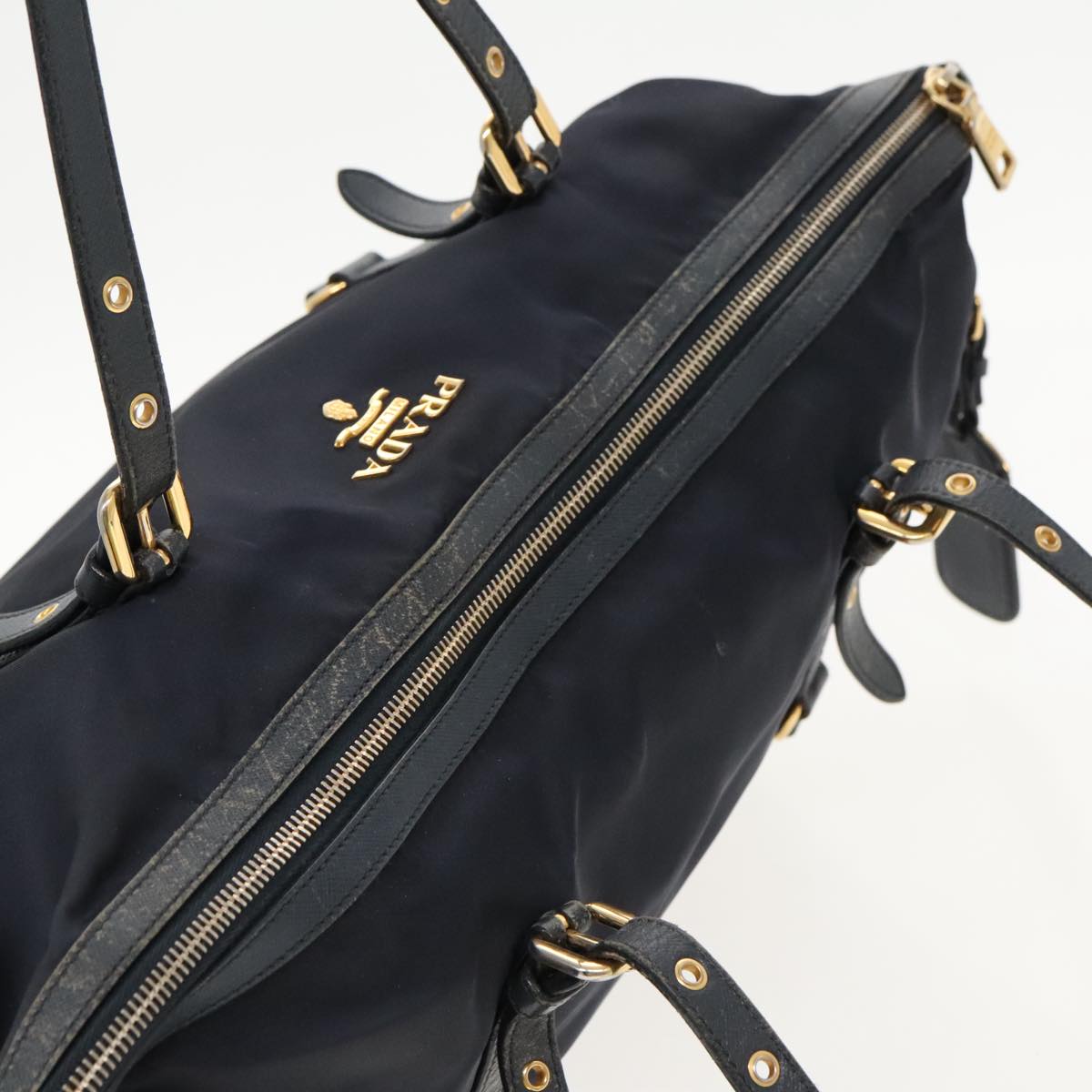 PRADA Tote Bag Nylon Navy Gold Auth 95367