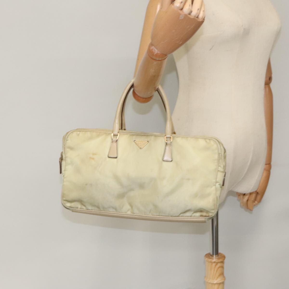 PRADA Hand Bag Nylon Beige Gold Auth 95369