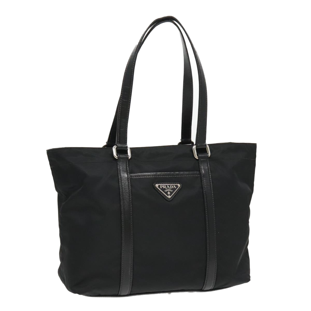 PRADA Tote Bag Nylon Black Silver Auth 95374