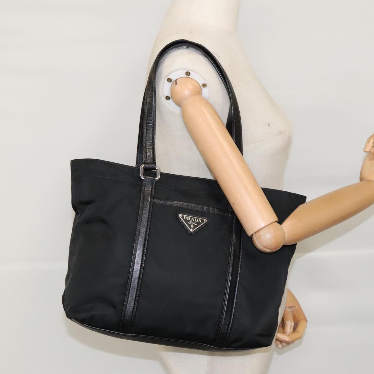 PRADA Tote Bag Nylon Black Silver Auth 95374