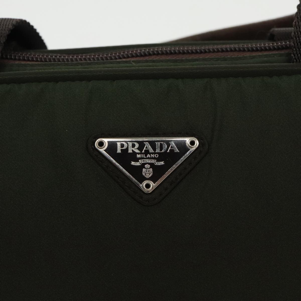 PRADA Hand Bag Nylon Leather Khaki Dark Brown Silver Auth 95375