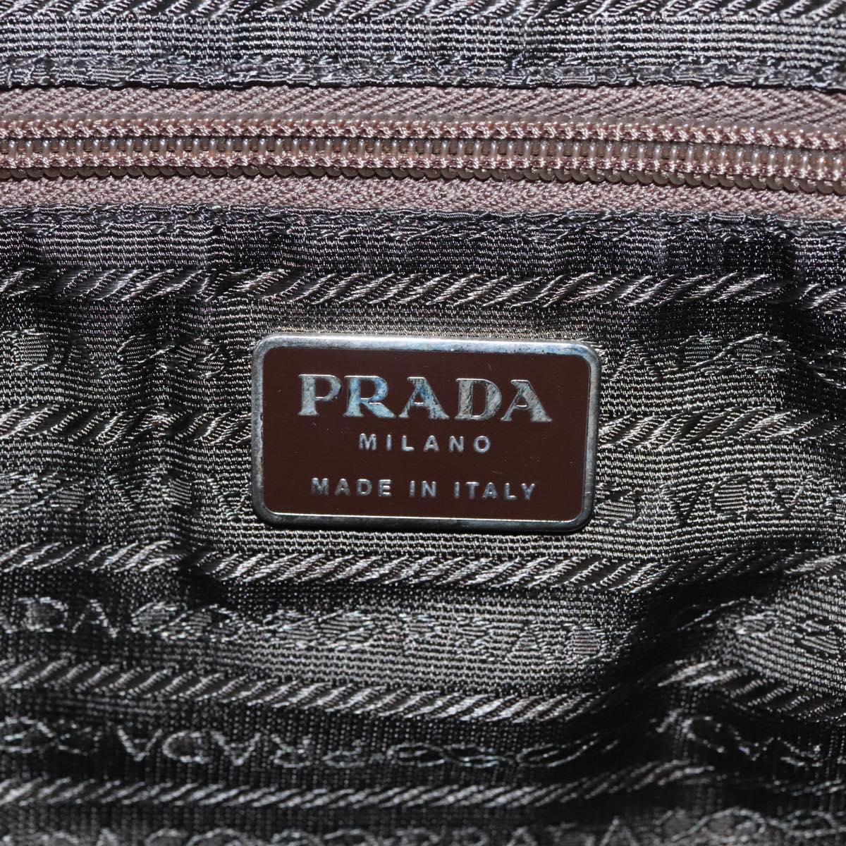 PRADA Hand Bag Nylon Leather Khaki Dark Brown Silver Auth 95375