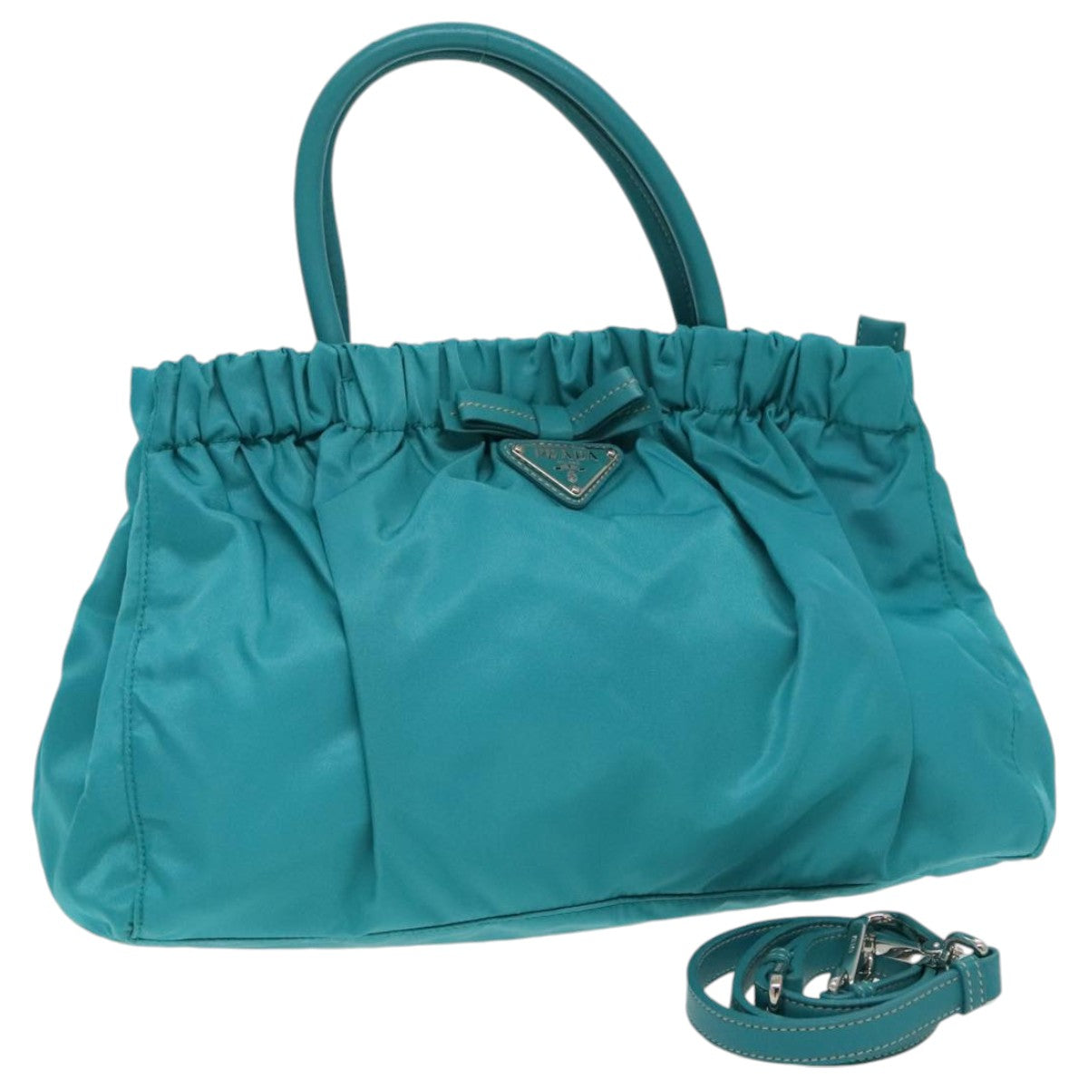 PRADA Hand Bag Nylon 2way Turquoise Blue Silver Auth 95390